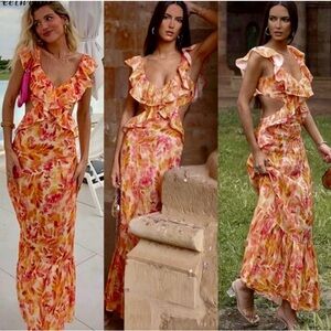 NEW Zara Linen Midi Dress Ruffles V-Neckline Cut-Out Watercolor Orange Size XL